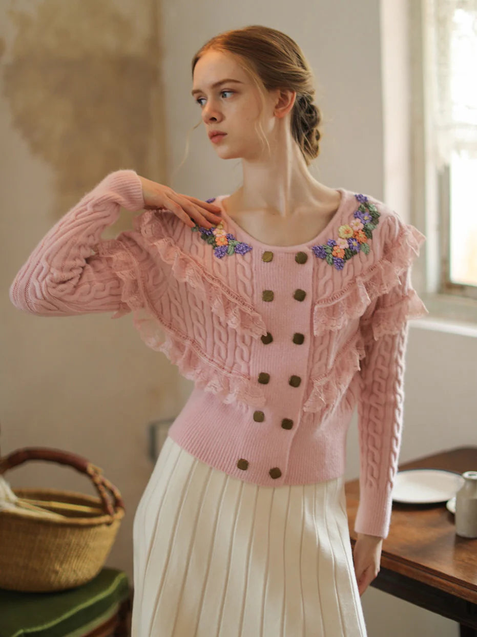 Delicate Floral Embroidered Ruffle Cardigan
