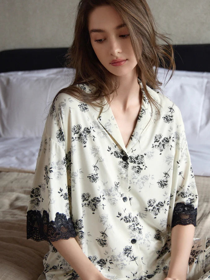 Black Rose Lace Trim Pajama Set