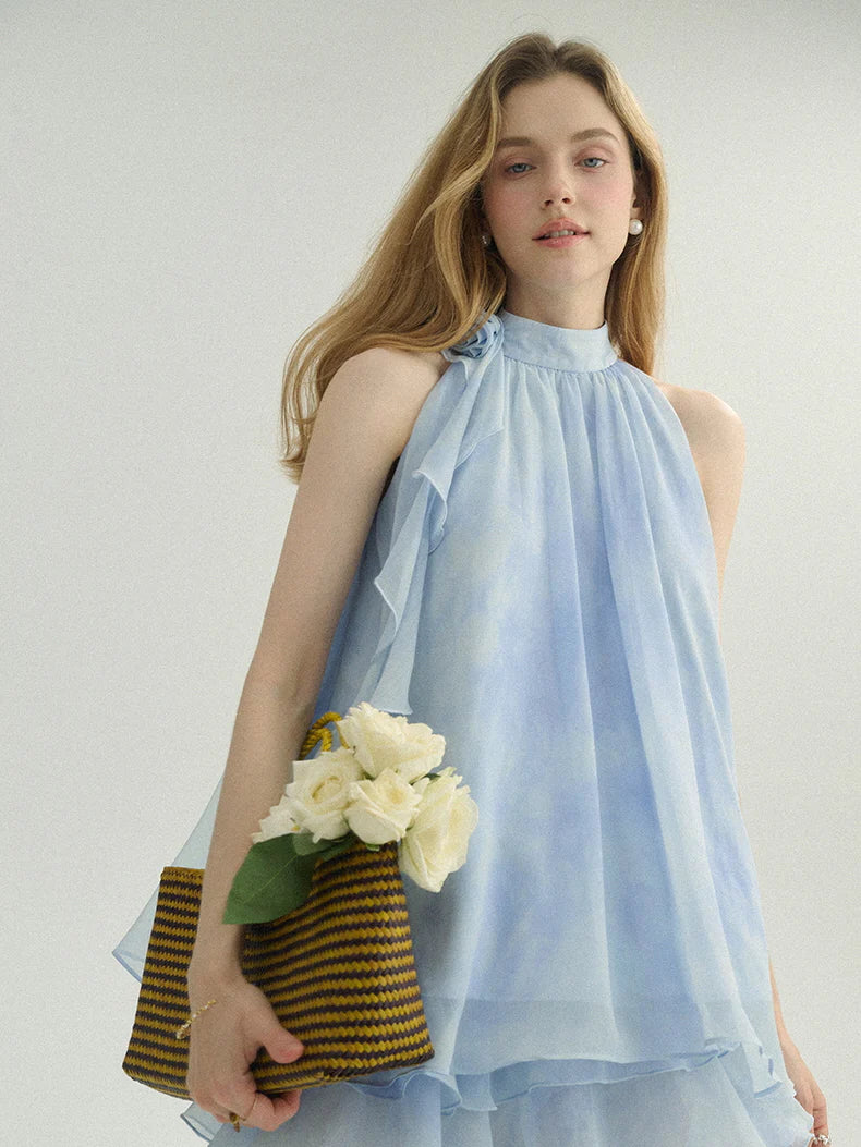 Ethereal Blue Ruffle Rose Halter Top