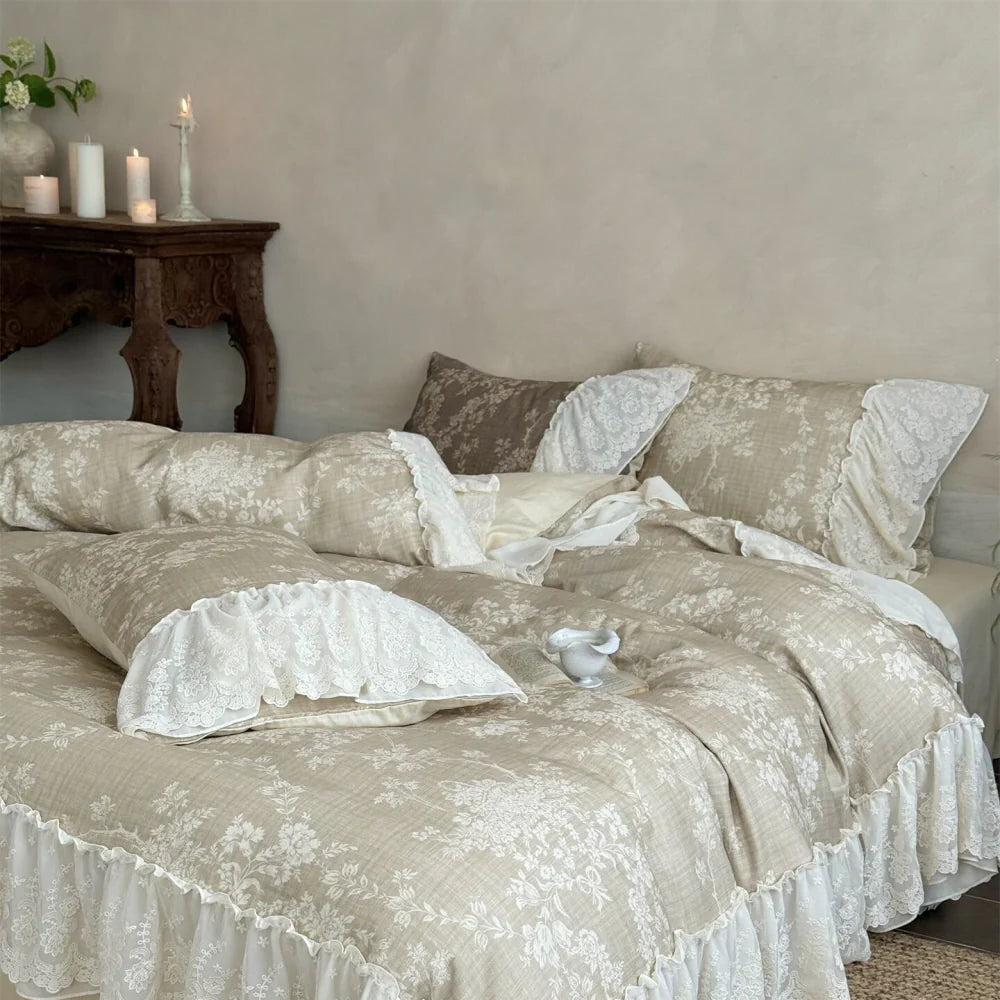 Beige Floral Lace Ruffle Bedding Set