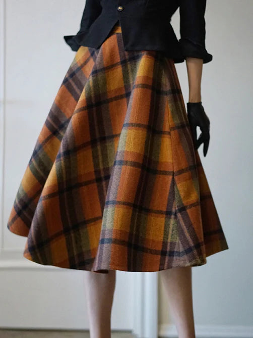 Vintage Autumn Wool Plaid Skirt