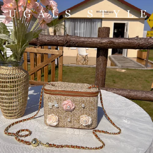 Flower Straw Woven Square Chain Bag