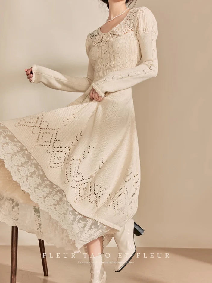 Ivory Rose Crochet Lace Knit Dress