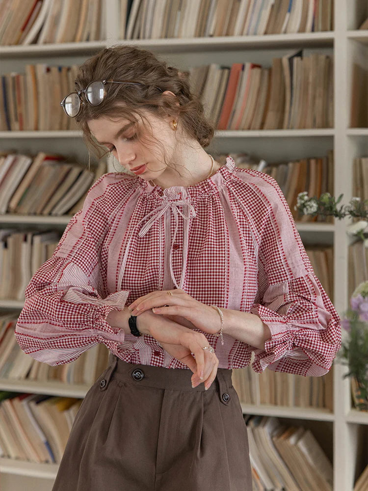 Vintage Gingham Puff-Sleeve Cotton Blouse