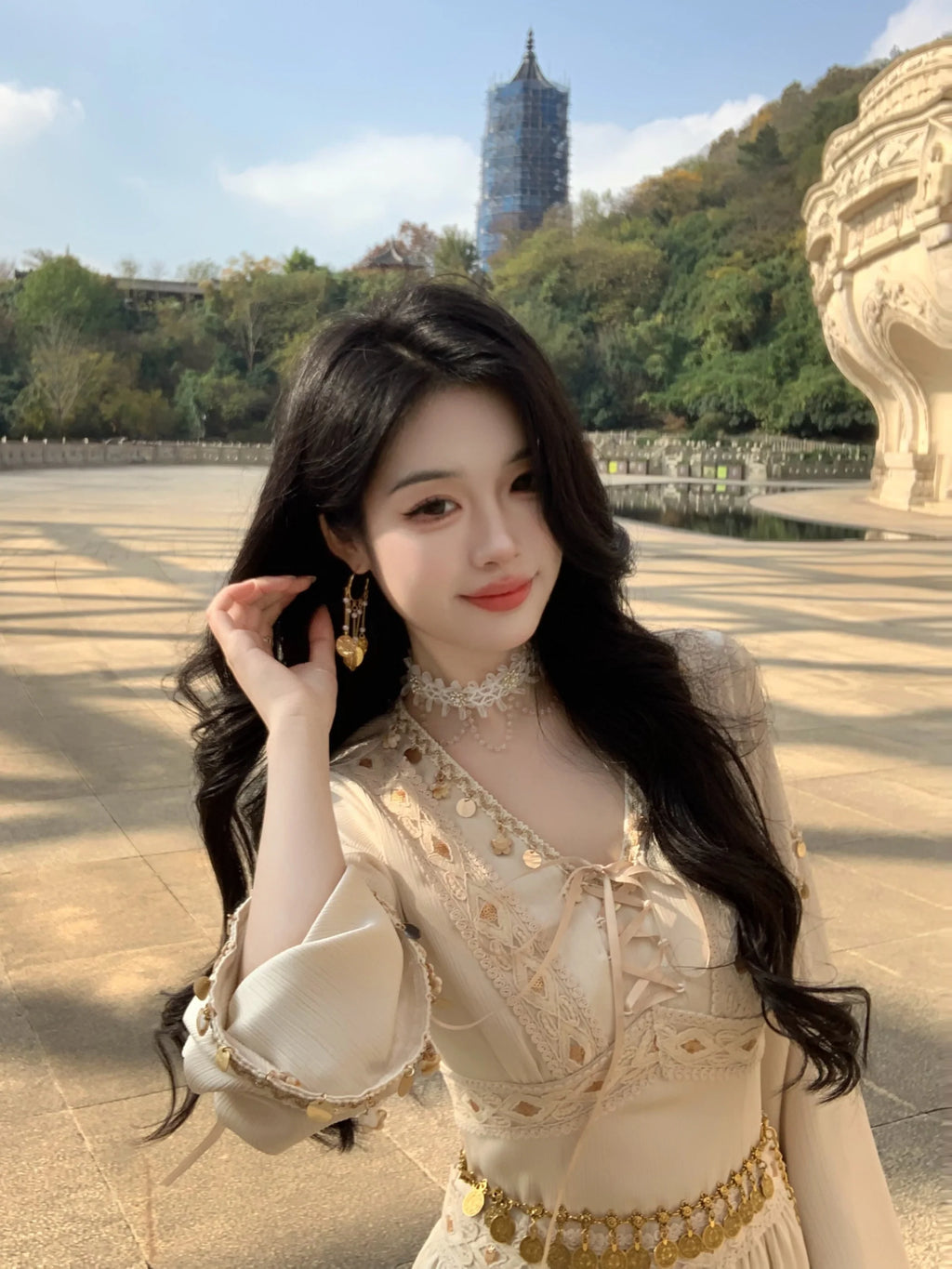 Golden Ethereal Lace-Up Flare Sleeve Chiffon Dress