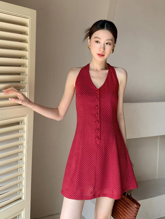 Cherry Ribbon Polka Dot Halter Dress