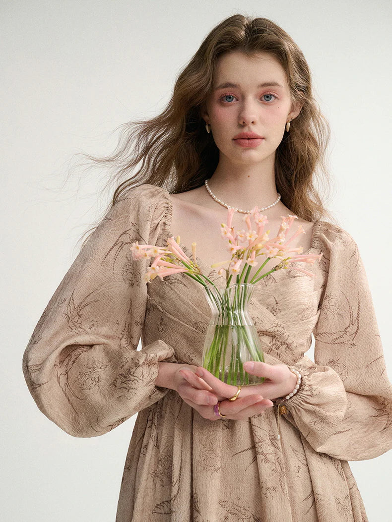 Vintage Botanical Puff-Sleeve Dress