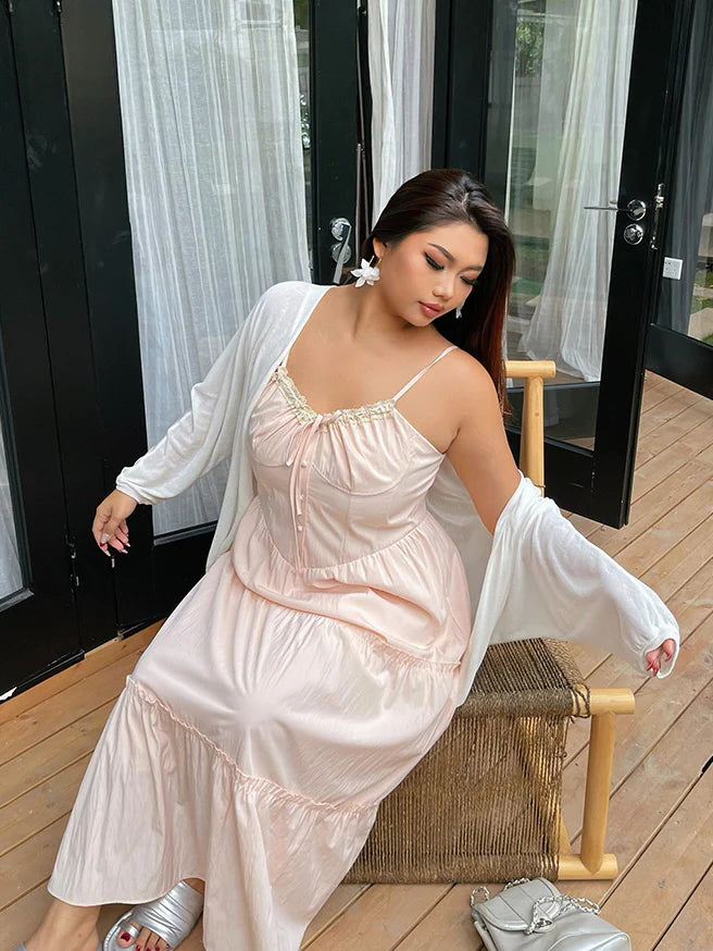 Blush Ribbon-Tie Tiered Dress