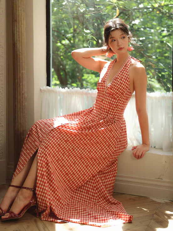 Romantic Gingham Red Check Halter Dress