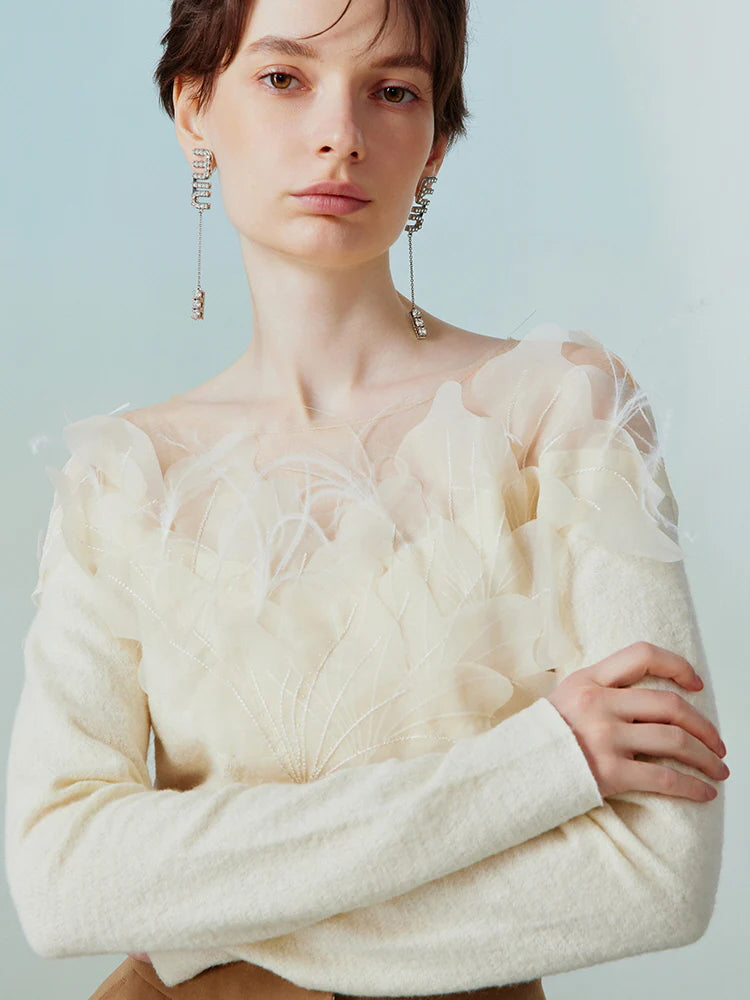 Elegant Floral Appliqué Knit Blouse