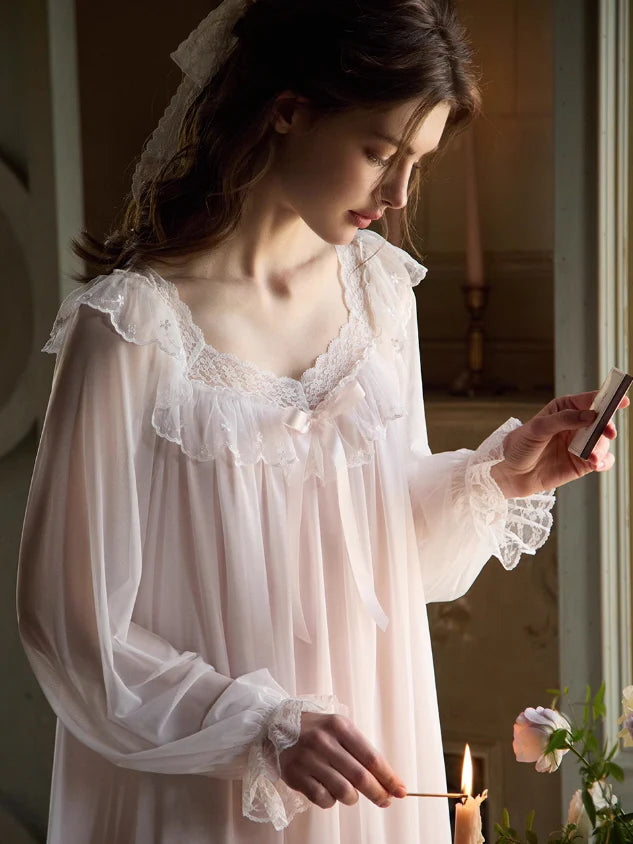 Ethereal Lace-Embroidered Long Nightdress