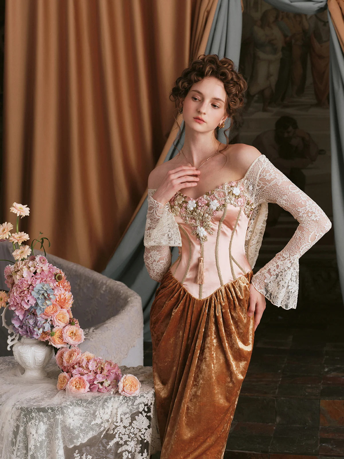 Vintage Floral Embroidered Velvet Dress