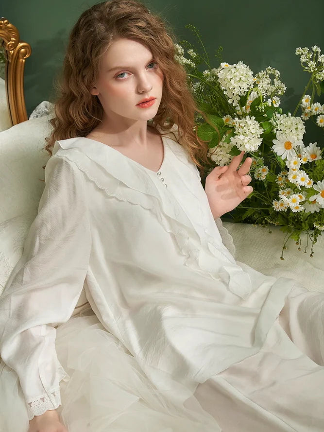 Elegant Ruffled Lace-Trim Pajama Set