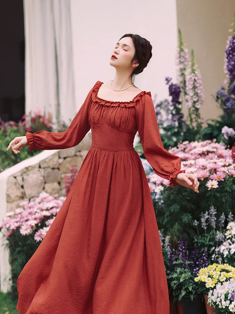 Retro Ruffled Square Neck Dress