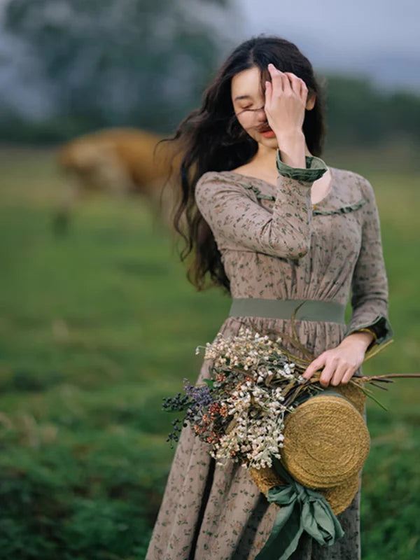 Whispering Meadow Floral Dress with Green Frill