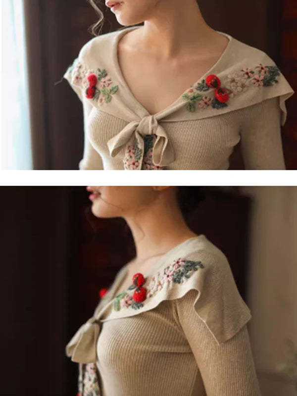 Retro Soft Knit with Floral Embroidery