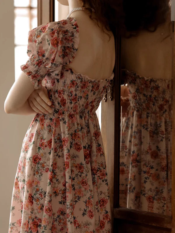 Vintage Pink Flower Off-Shoulder Dress