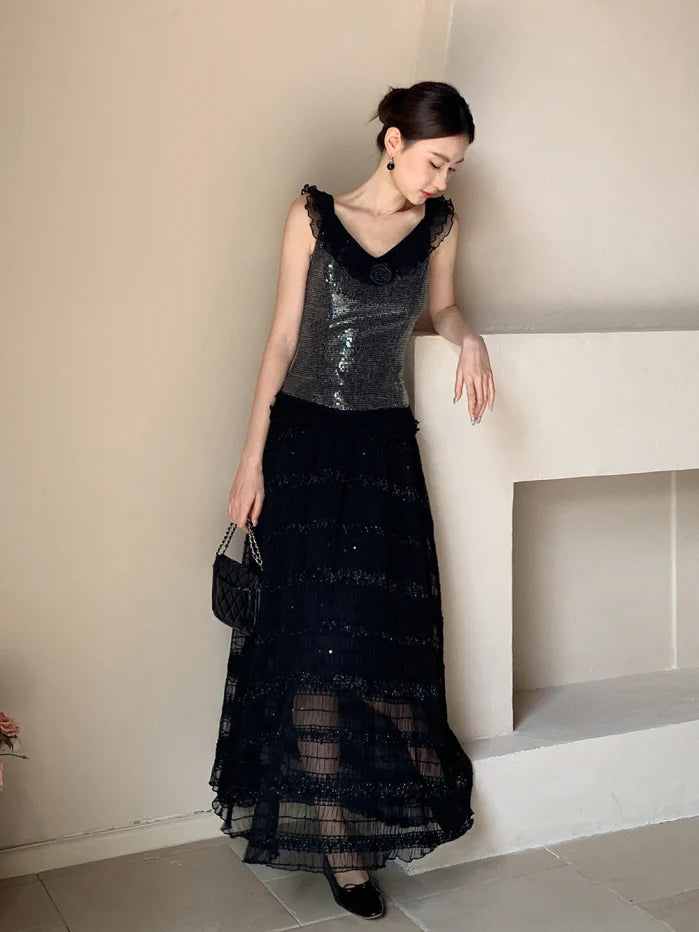 Midnight Rose Sequin Top & Glitter Mesh Skirt