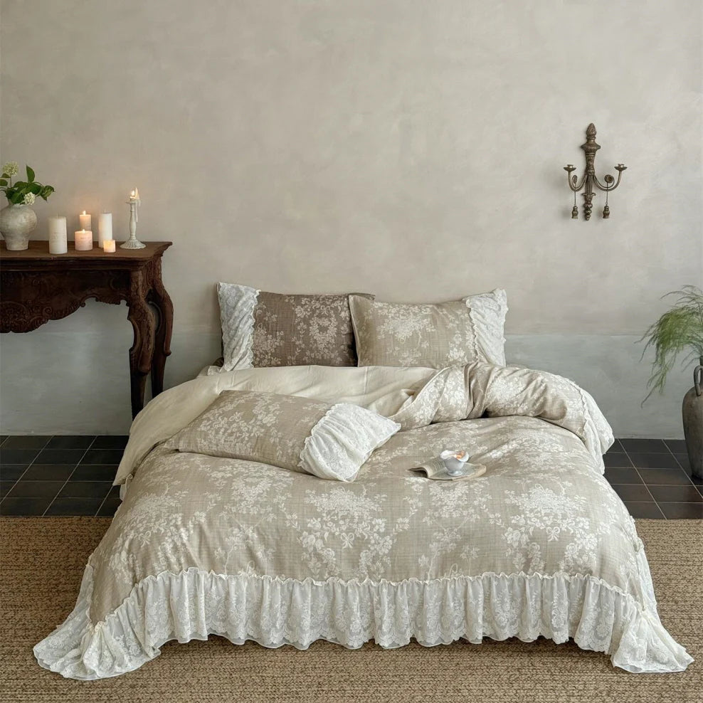 Beige Floral Lace Ruffle Bedding Set