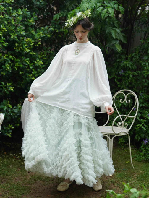 Embroidered Floral Brooch Linen Cotton Blouse