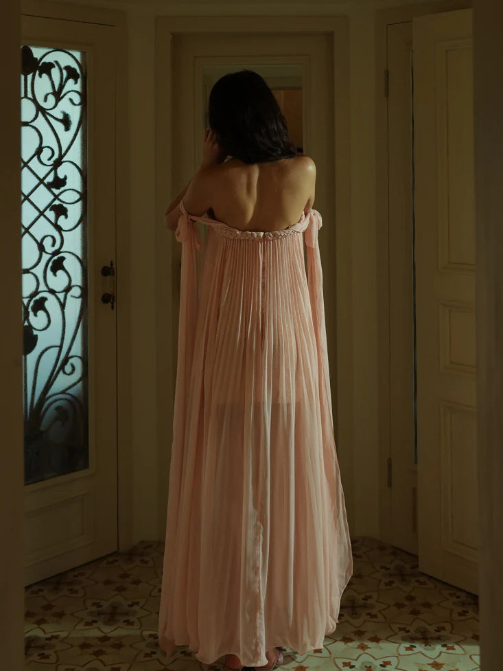 Off-Shoulder Blush Pleated Ribbon Dress