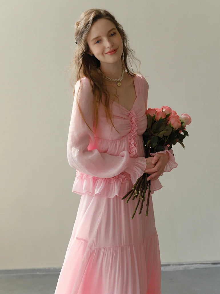 Rosy Frill Long Sleeve Top & Tiered Lace Skirt