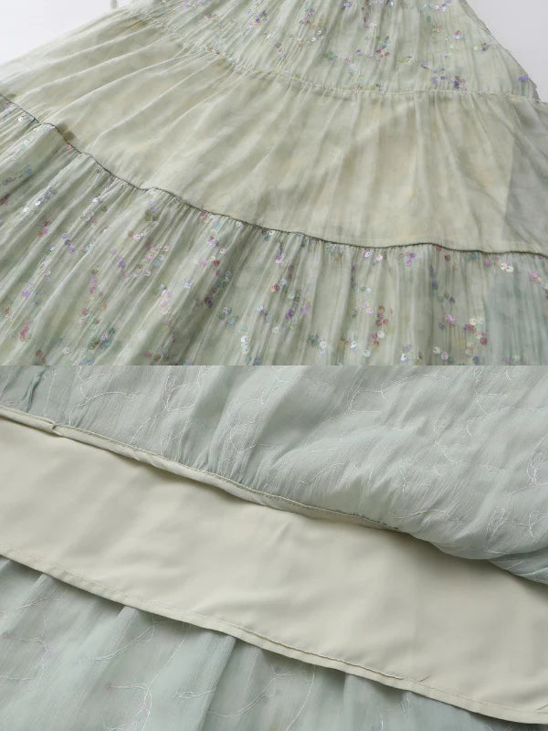 Pastel Green Floral Two-Piece Set – Sheer Cardigan & Tiered Dress