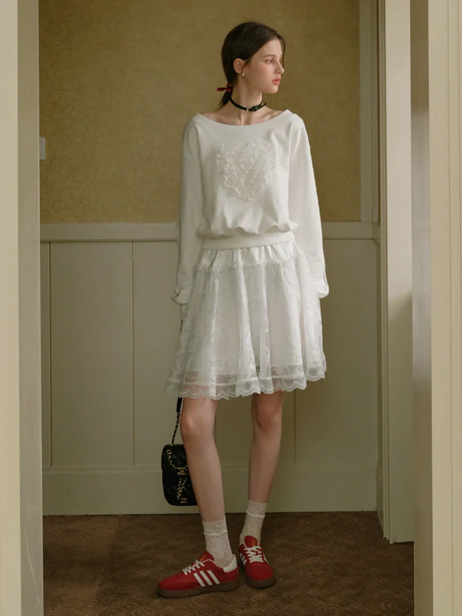 Coquette Lace Heart Off-Shoulder Sweatshirt