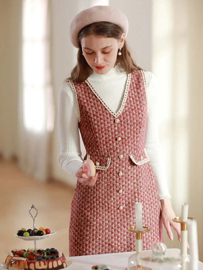 Elegant Red Tweed Pearl Button Dress