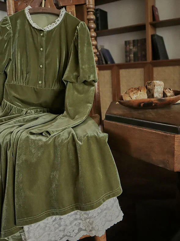 Olive Velvet Lace-Trimmed Vintage Dress