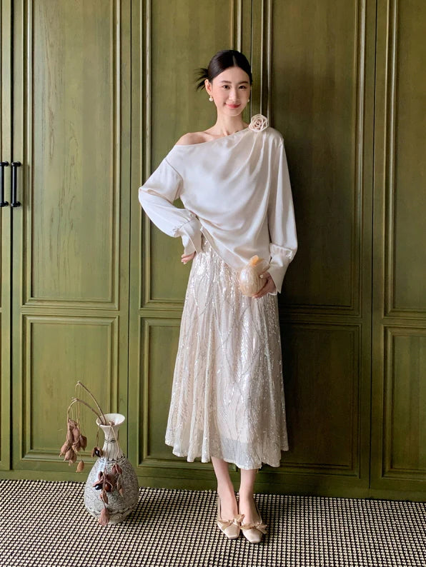 Off-Shoulder Flower Accent Blouse