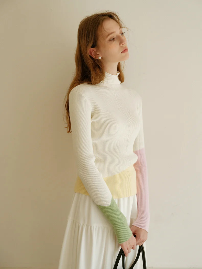 Pastel Color-Block High Neck Sweater