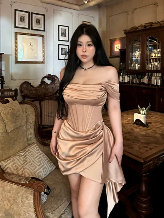 Champagne Satin Corset Mini Dress