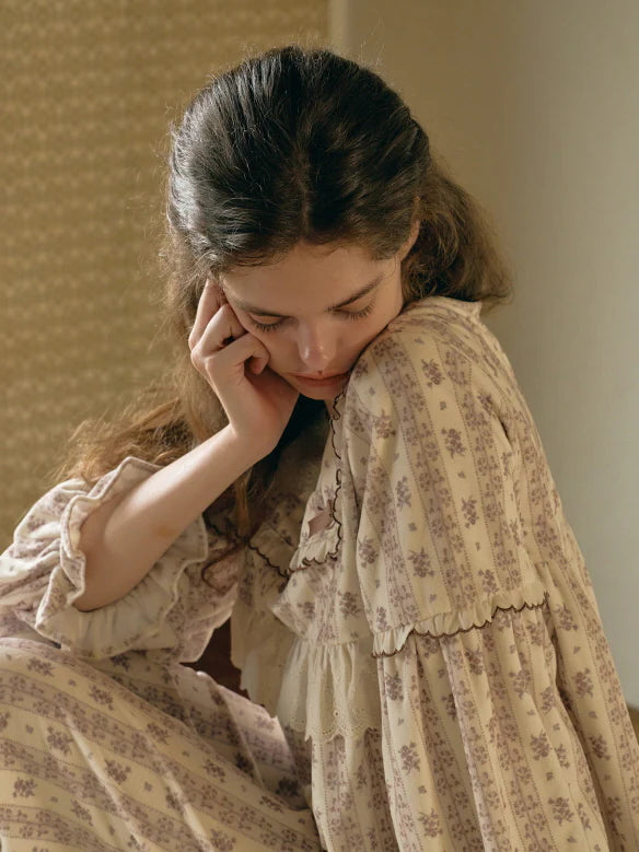 Brown Ribbon Lace Flannel Pajama Set