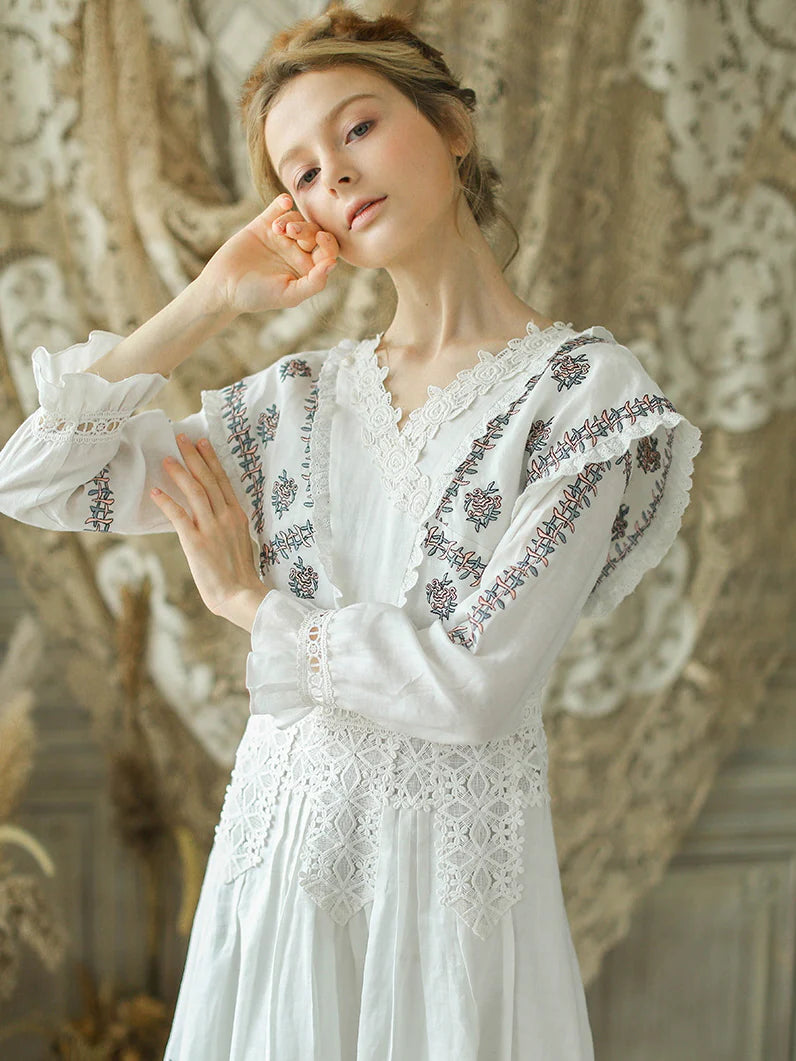Victorian Floral Embroidered White Dress