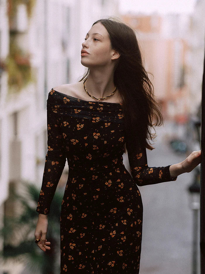 Midnight Blossom Off-Shoulder Mesh Dress