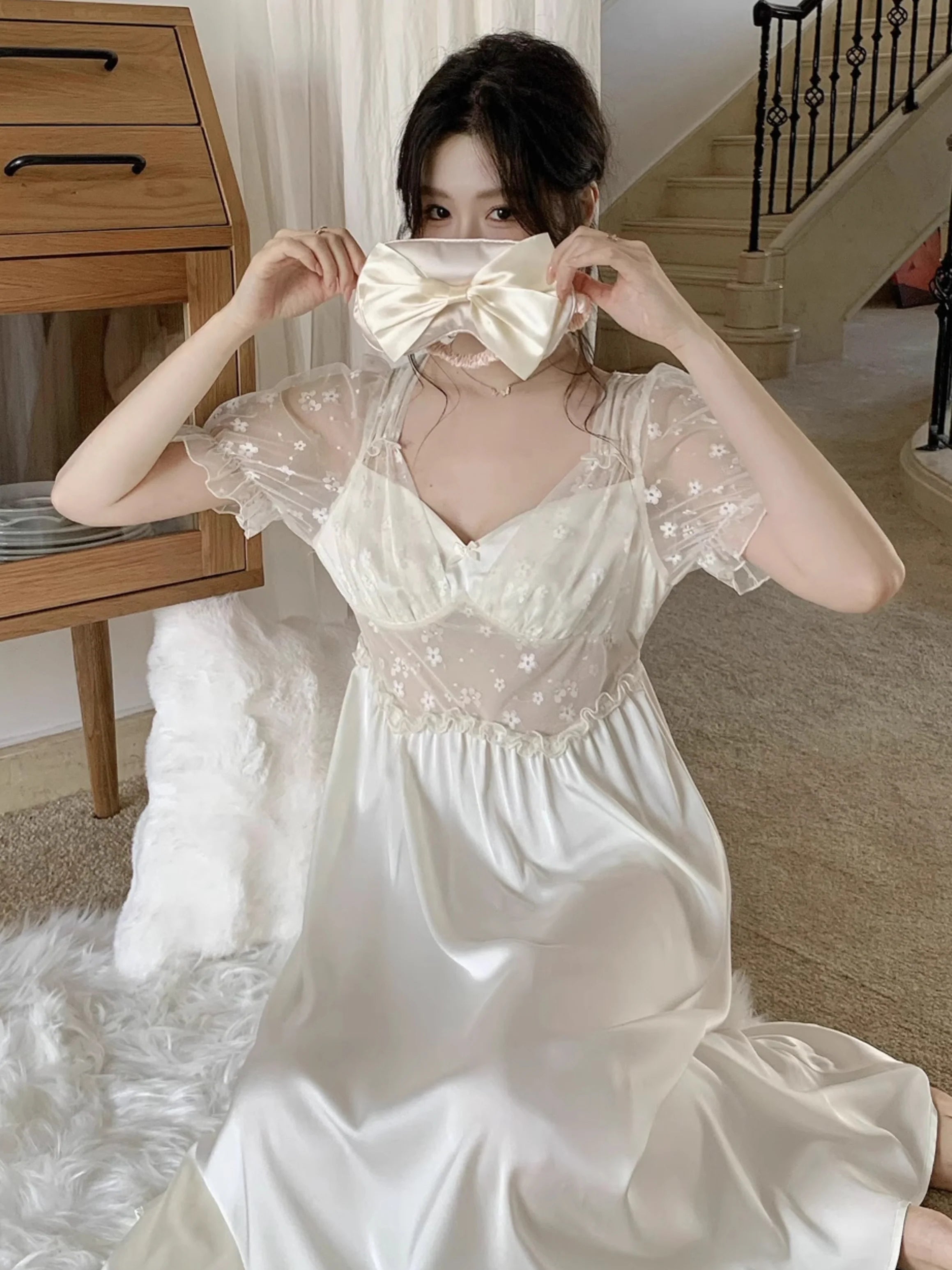 Blush Petal Embroidered Mesh Nightdress