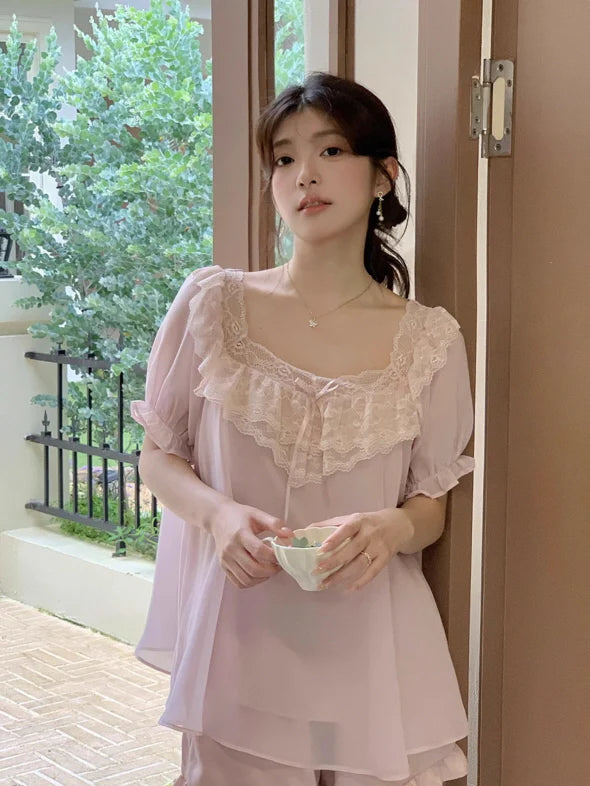Blush Ruffle Lace Chiffon Pajama Set