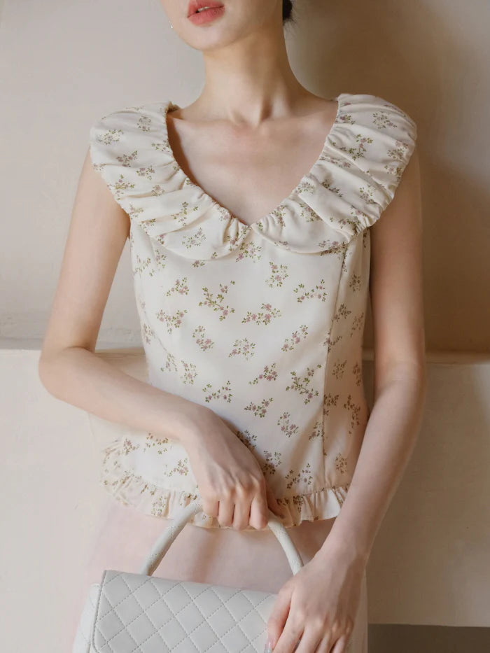 Rose Petal Ruffle Collar Floral Blouse