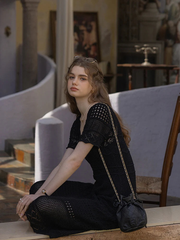 Serene Garden Crochet Black Dress