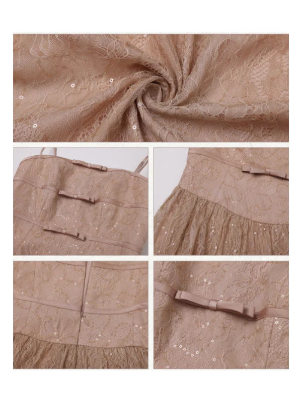 Champagne Lace Bow Evening Dress