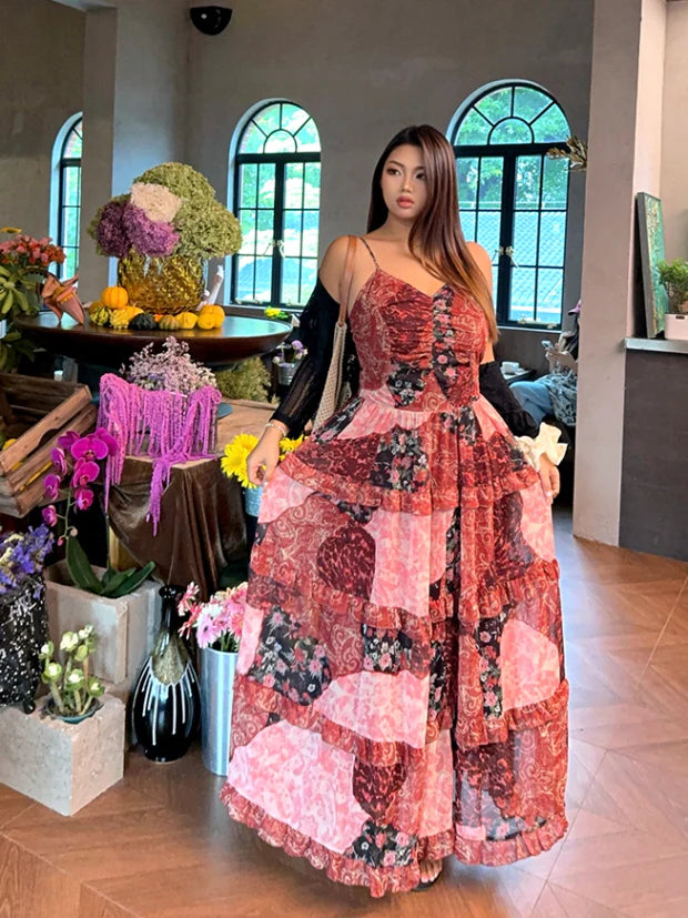 Rosy Patchwork Ruffle Maxi Dress