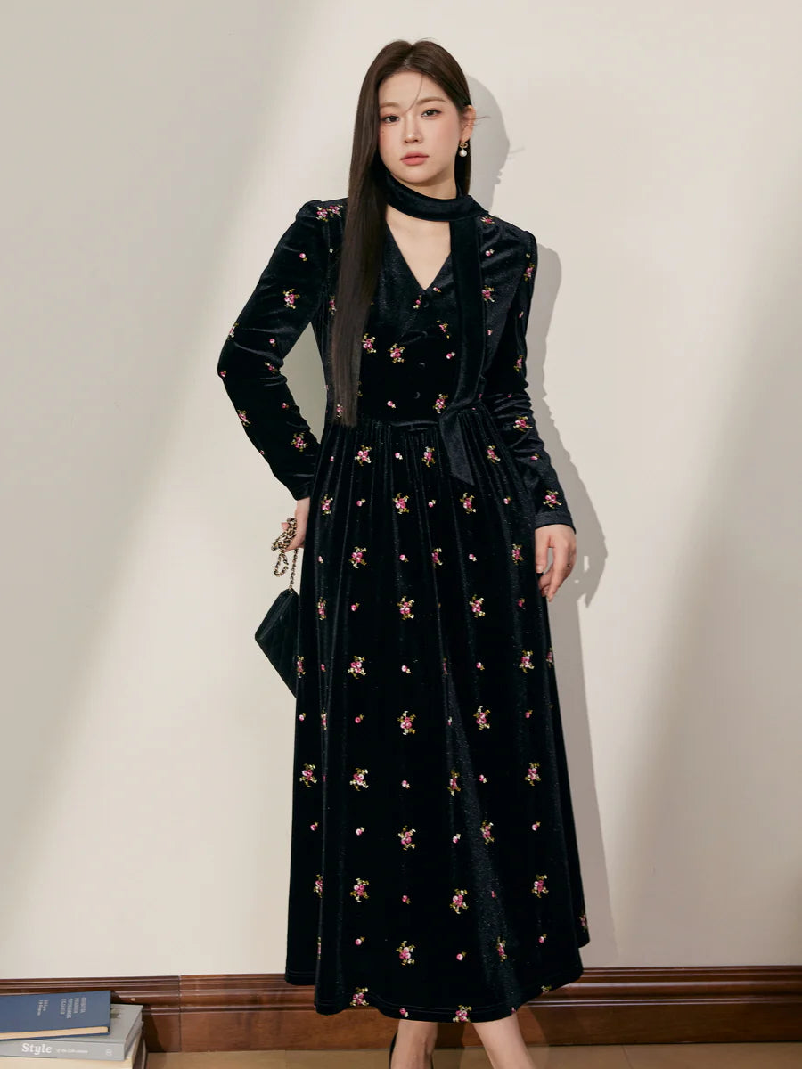 Vintage Velvet Floral Embroidered Dress