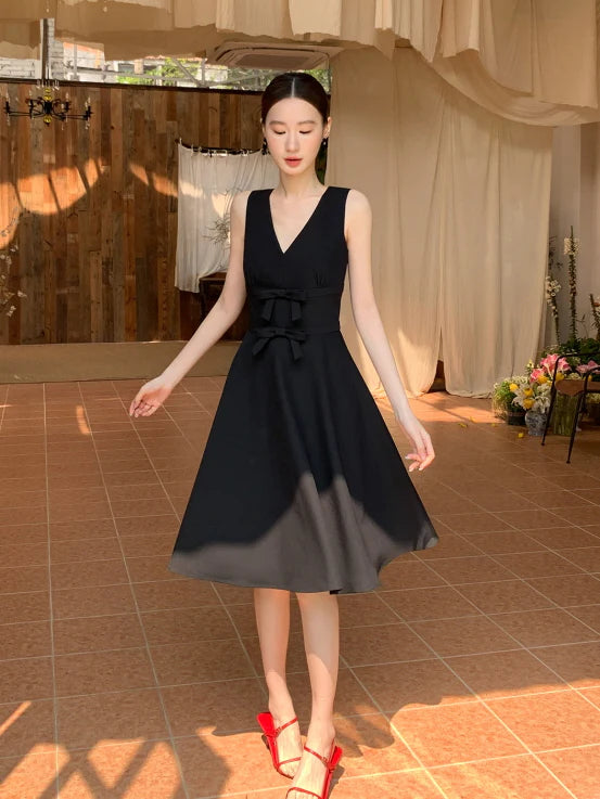 Double Ribbon Waist Classic Flare Dress
