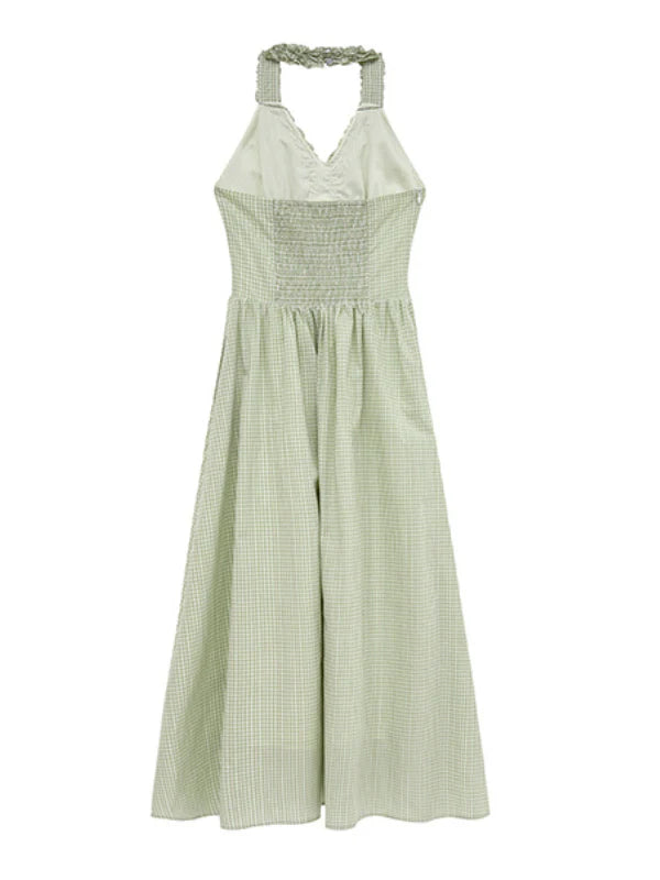 Romantic Green Gingham Halter Dress