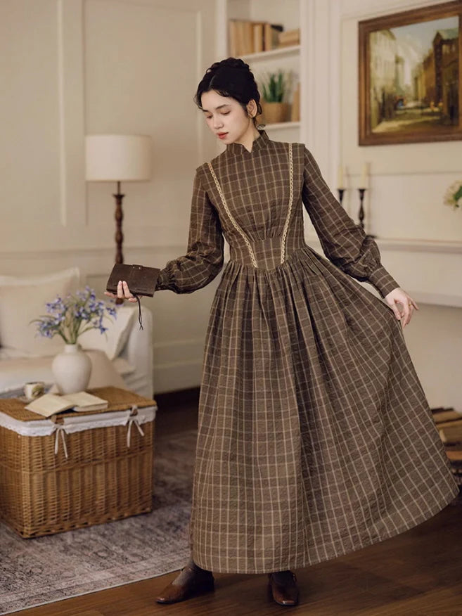 Victorian Plaid High-Neck Lace Trim Dress