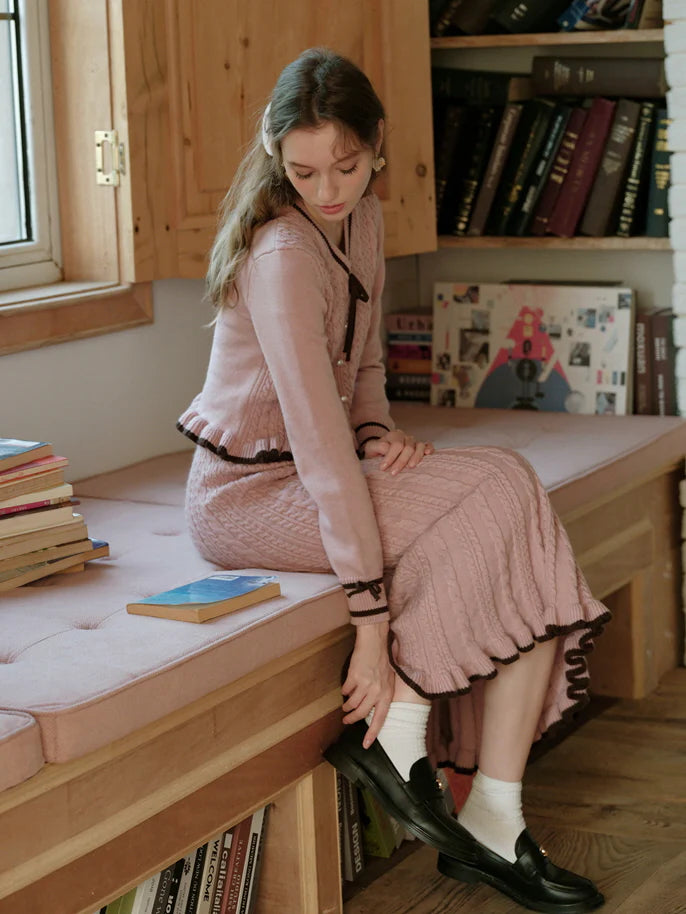 Ribbon Trim Ruffle Knit Cardigan