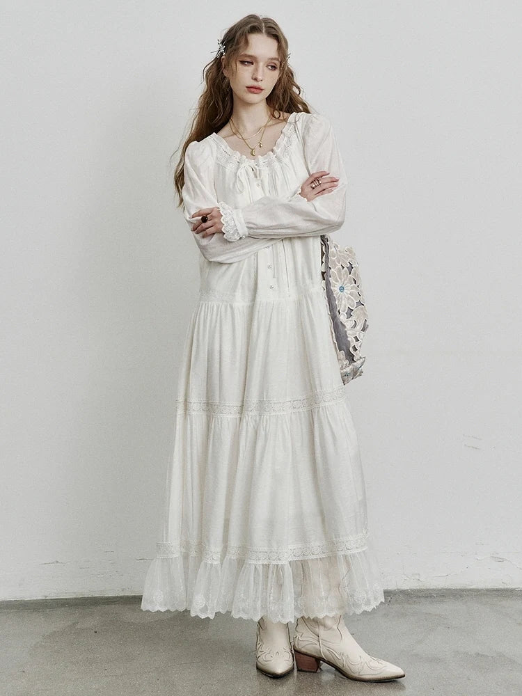 Ethereal Lace Trim Tiered Long Dress