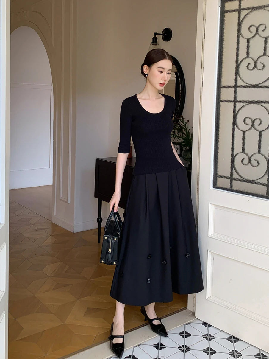 Black Vintage Floral Accent Skirt