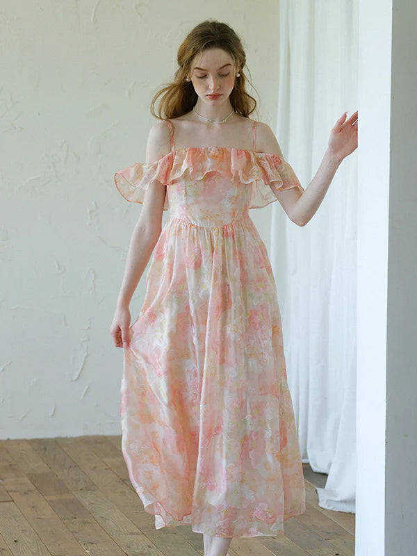 Peach Blossom Off-Shoulder Ruffle Dress